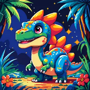 Create a charming pixel art featuring a cute dinosaur with brigh...