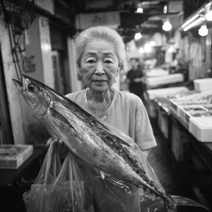 Old Asian woman holding a really long tuna fish in a transparent...