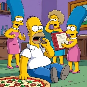 Funny cartoon scene in The Simpsons style: Homer sits on the flo...