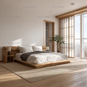 “Full‑frame wide‑angle photograph of a Japandi minimalist bedroo...