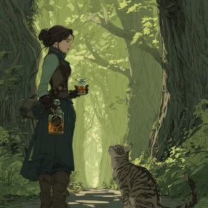 In a dark green forest with towering trees, a brunette woman str...