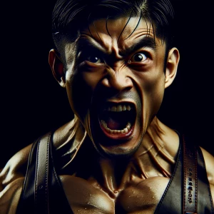 The image depicts a close-up portrait of a shirtless male figure...