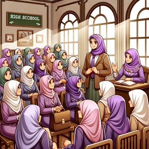 Illustrate a heartwarming cartoon scene set in a school meeting...