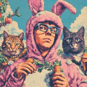 Create an image of a person wearing a fluffy pink bunny costume...