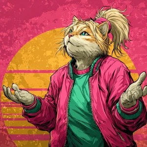 A humanoid cat character with light blonde fur, styled in a high...