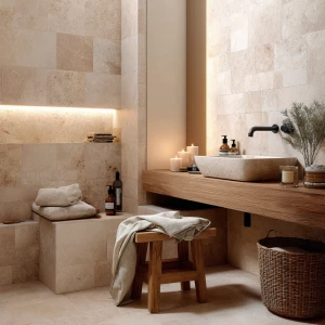 Create a sophisticated spa-like atmosphere in a compact beige-to...