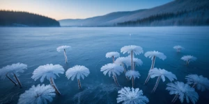 Frost flowers on a frozen lake that glows faintly blue
