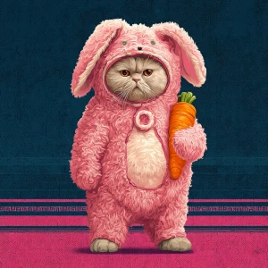 A humanoid cat dressed in a fluffy pink bunny costume, complete...