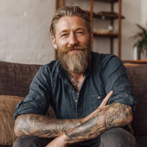 Generate an image of a casually dressed man with a well-groomed...