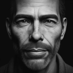 Create a strikingly detailed portrait of a middle-aged man with...