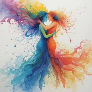 In a swirling dance of colors and shapes, two figures merge in a...