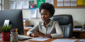 Africa girl sitting in the office, speak about upcoming  meeting...