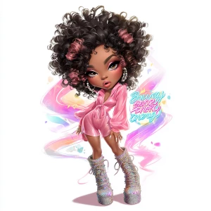 A glossy, high-resolution chibi African American diva with a rad...