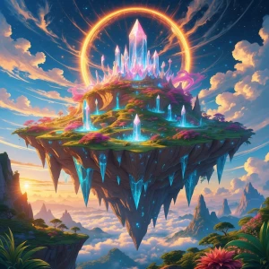 A majestic celestial island, suspended in the digital sky, radia...