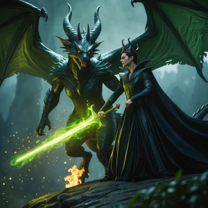 "Prince Phillip fighting Maleficent dragon, glowing sword, green...