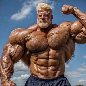 A massive hairy blonde bodybuilding muscle man bounces his insan...