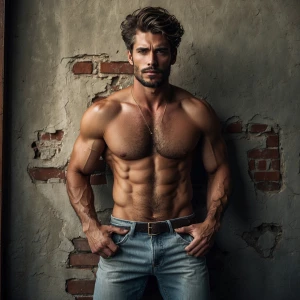 A shirtless man is depicted indoors, showcasing his regular buil...
