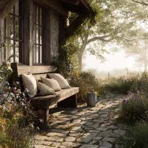 Capture a serene scene of a rustic outdoor lawn next to a cottag...
