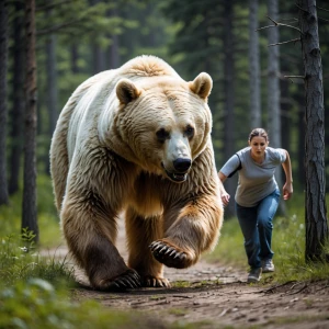 a giant white bear chasing a person in the forest