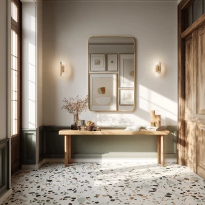 Create an elegant Scandinavian entryway scene featuring a terraz...