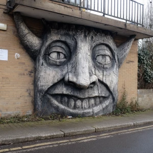 Horror themed giant mask on a wall Banksy style.
