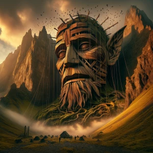 A colossal wooden marionette, a forgotten god of the mountains,...