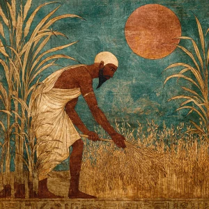 An ancient Egyptian farmer, painted in the style of a faded temp...