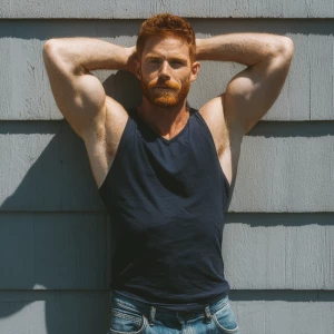 A 35-year-old, muscular, fair-skinned man with short natural red...