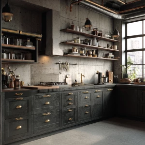 Create a realistic industrial kitchen setting featuring charcoal...
