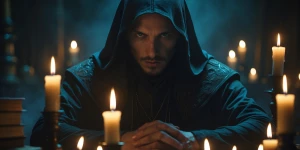 A hauntingly enigmatic necromancer, his presence exuding an aura...