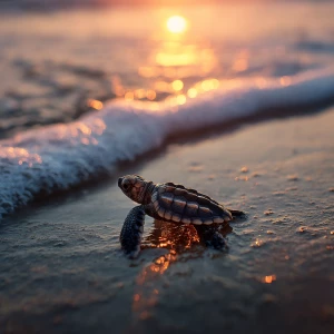 A happy Small Baby turtle heading into the surf and sun rays on...