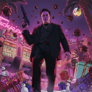 Elon Musk in GTA art style in action:slot machines exploding wit...