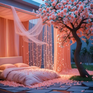 Create an image of a peaceful bedroom decorated in soft peach to...