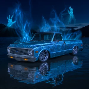 A classic chrome  blue  paisley  print C10 truck with custom rim...