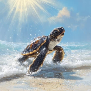 A happy Small Baby turtle chasing surf and sun ray on the beach
