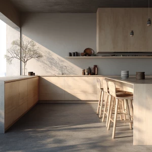 Generate an ultra-HD photograph of a minimalist kitchen designed...