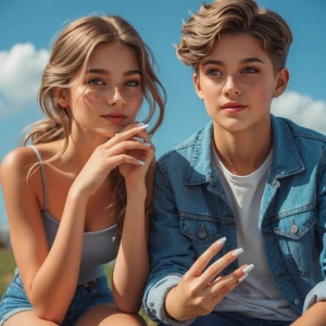 Make a beautiful girl with nails hanging out with a boy make the...