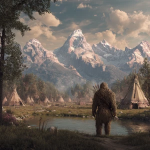 A sasquatch stares at a Indian village at a distance