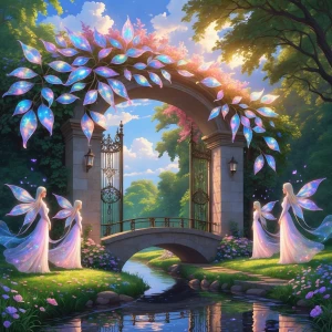 Illustrate an opal-leafed gatehouse at the entrance of a grand m...