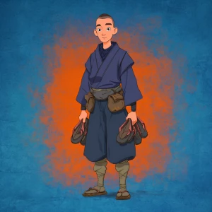 2D Disney style cartoon, clean digital art, young Hideyoshi with...