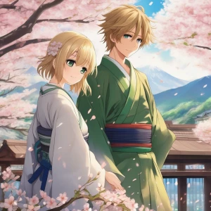 Anime couple, one blonde boy with blue eyes, tall in height and...