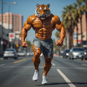 Generate an image of a man-tiger hybrid with an exaggeratedly mu...