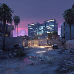 A futuristic Urban vacant lot in the middle of Los Angeles 2049