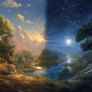 Subject: A seamless landscape depicting a single scene split eve...