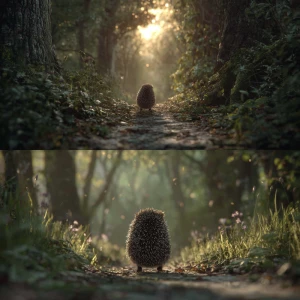 realistic hedgehog Henry standing at a fork in a forest path, He...