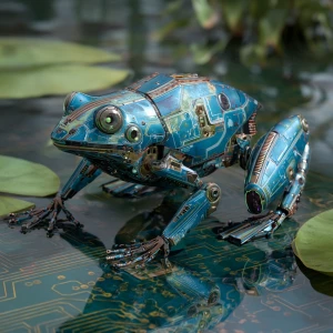 Generate a detailed image of a futuristic frog-like robot with a...