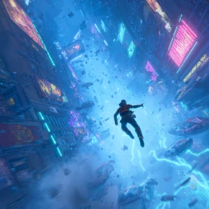 A lone warrior unleashing a gravity pulse in a neon-lit cityscap...