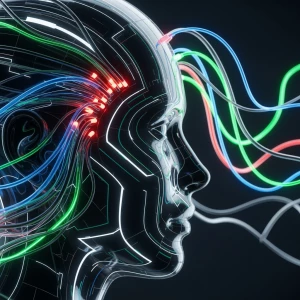 imagem de uma cabeça de perfil futurista cheio de conexões de en...