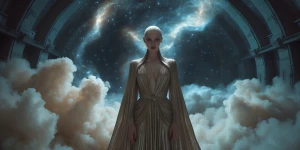 In the eerie confines of a celestial starship hangar, an etherea...