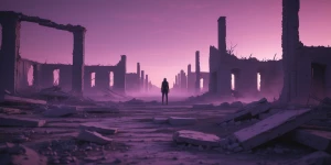 In the eerie glow of a bioluminescent mauve-tinted post-apocalyp...